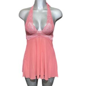 Escante Lace Halter Babydoll Lingerie Neglige Coral Pink Stretch Nighty Y2K Sz S